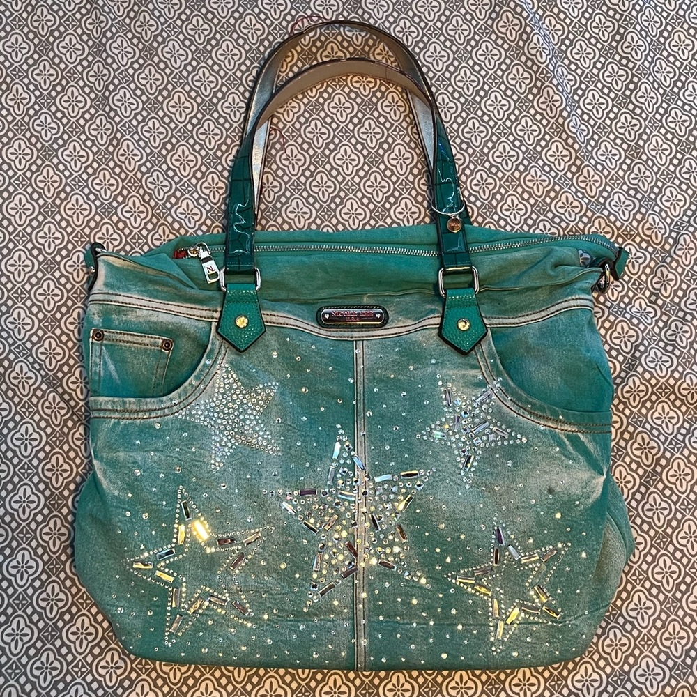 Rare Nicole Lee Rhinestone Star Teal Denim Jean Purse/Tote